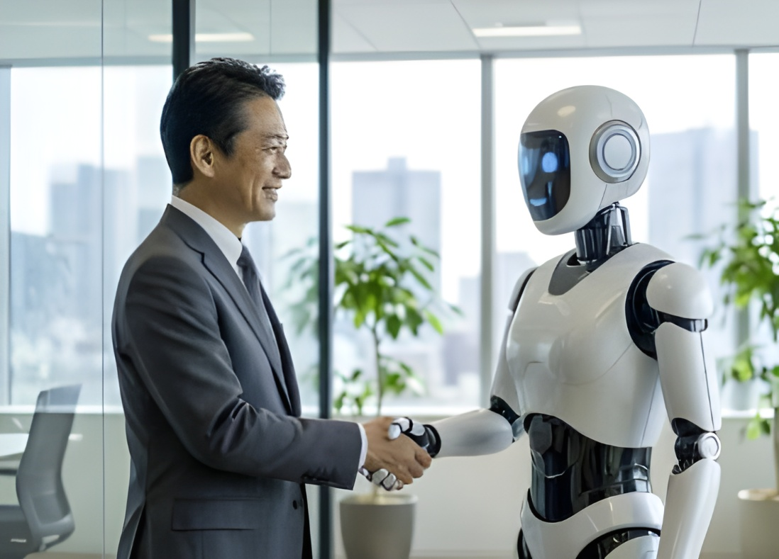 経営者とAI社員の握手